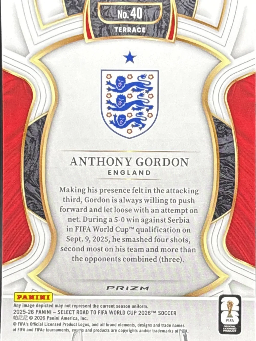Panini Select Anthony Gordon Holographic Purple Shimmer Prizm Soccer Card